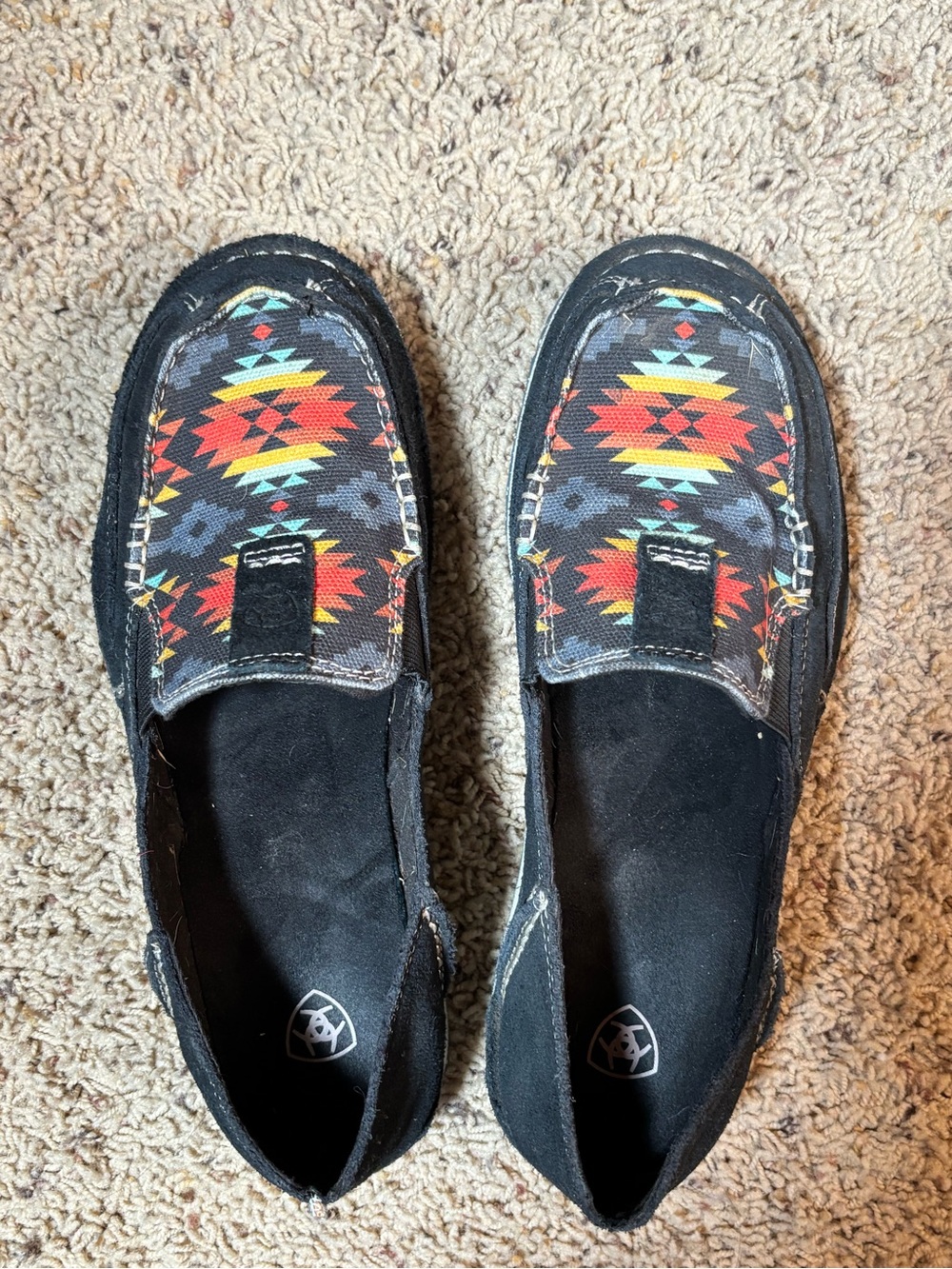 Ariat Black Slip-On Moccasins with Red, Yellow & Blue Aztec Pattern